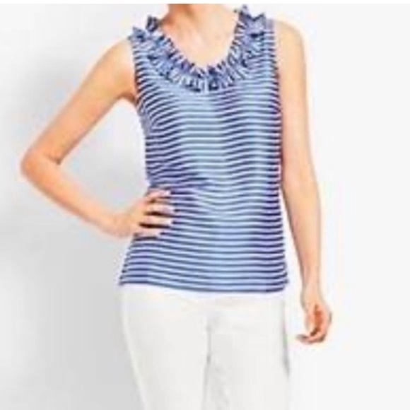 Talbots RSVP Blue & White Ruffle Neck Blouse. - Picture 2 of 11